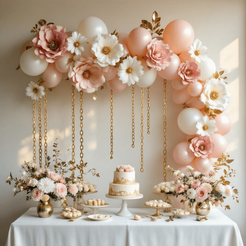 Long Balloon Ideas That'll Transform Your Next Party Photorealistic overhead view of a sophisticated balloon installation in blush pink, white, and gold, featuring intricate floral and chain patterns, softly illuminated by golden hour light over a white linen-covered dessert table with metallic accents and shadow details.
