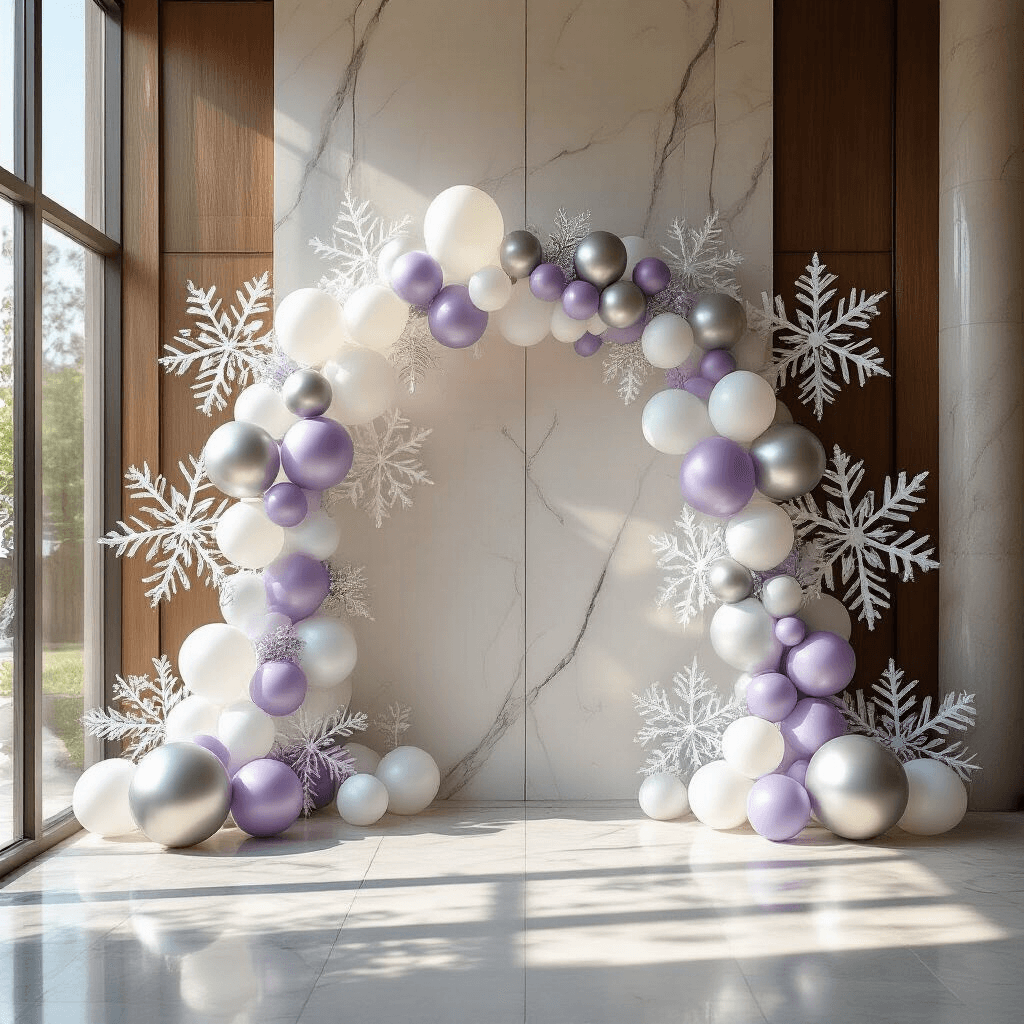Long Balloon Ideas That'll Transform Your Next Party Cinematic wide-angle view of a sophisticated wedding ceremony backdrop with long balloon snowflakes in silver, white, and lavender, elegantly arranged in geometric patterns, illuminated by soft morning light streaming through large windows, set against a minimalist marble and wood architectural backdrop.