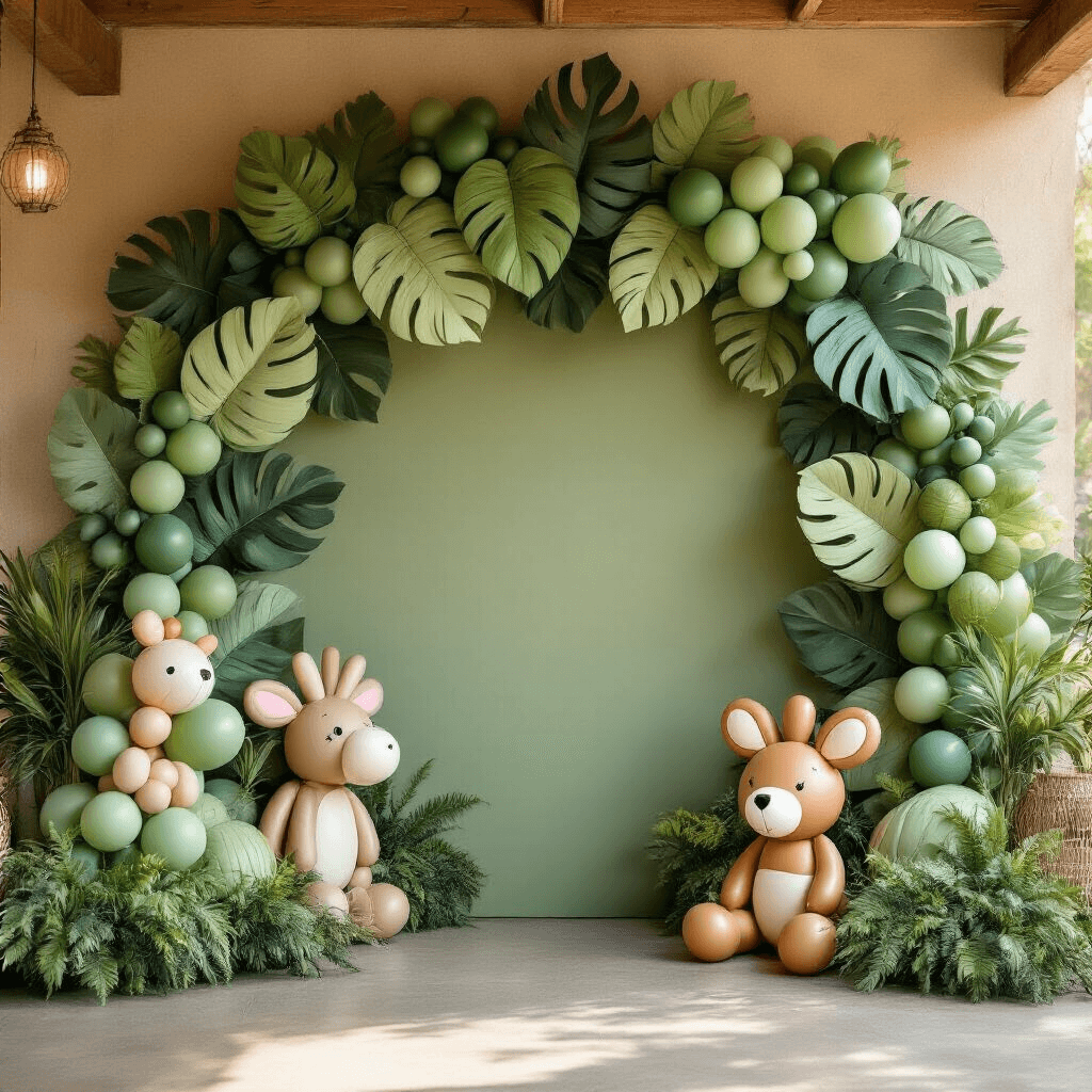 Long Balloon Ideas That'll Transform Your Next Party Intimate close-up of a safari-themed children's party entrance featuring woven balloon leaf installations in shades of sage green and emerald, with organic shapes, balloon animal characters, and textured balloon chains, all illuminated by warm afternoon light.