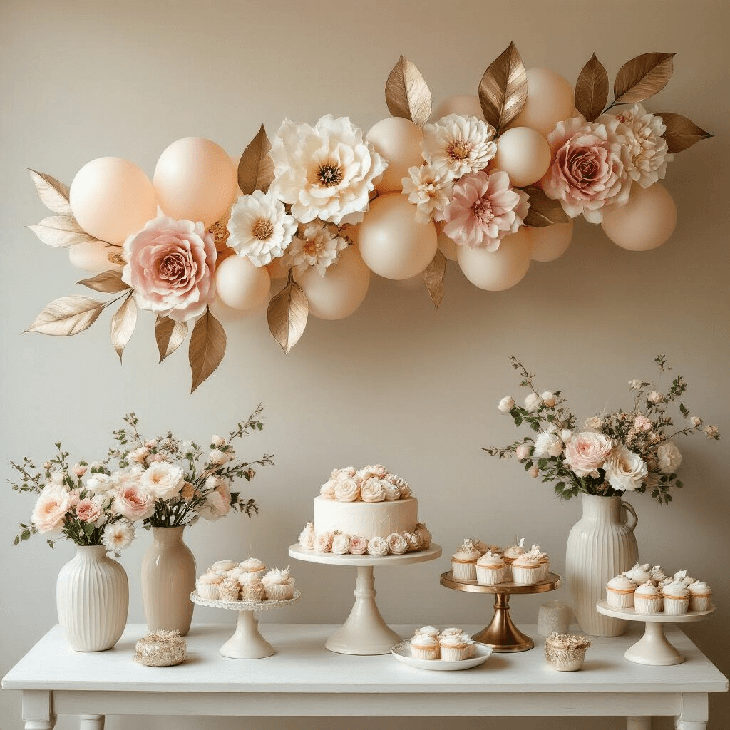 Long Balloon Ideas That'll Transform Your Next Party Detailed flat-lay of a botanical baby shower dessert table featuring soft blush, cream, and champagne balloon leaf and flower installations, ceramic vases, floral arrangements, and metallic cake stands.