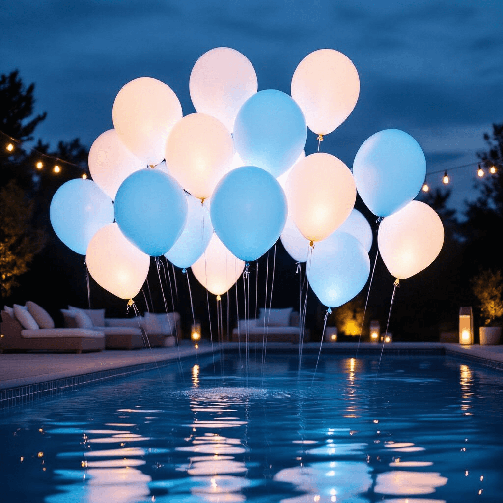 Pool Balloons: The Ultimate Guide to Making Your Next Water Party Absolutely Unforgettable A nighttime pool celebration featuring glowing 36-inch LED balloons in cool white and pale blue hues, floating above dark water, surrounded by fairy lights and modern minimalist furniture, with reflections creating a magical ambiance and ethereal underwater balloon silhouettes captured from a low angle.