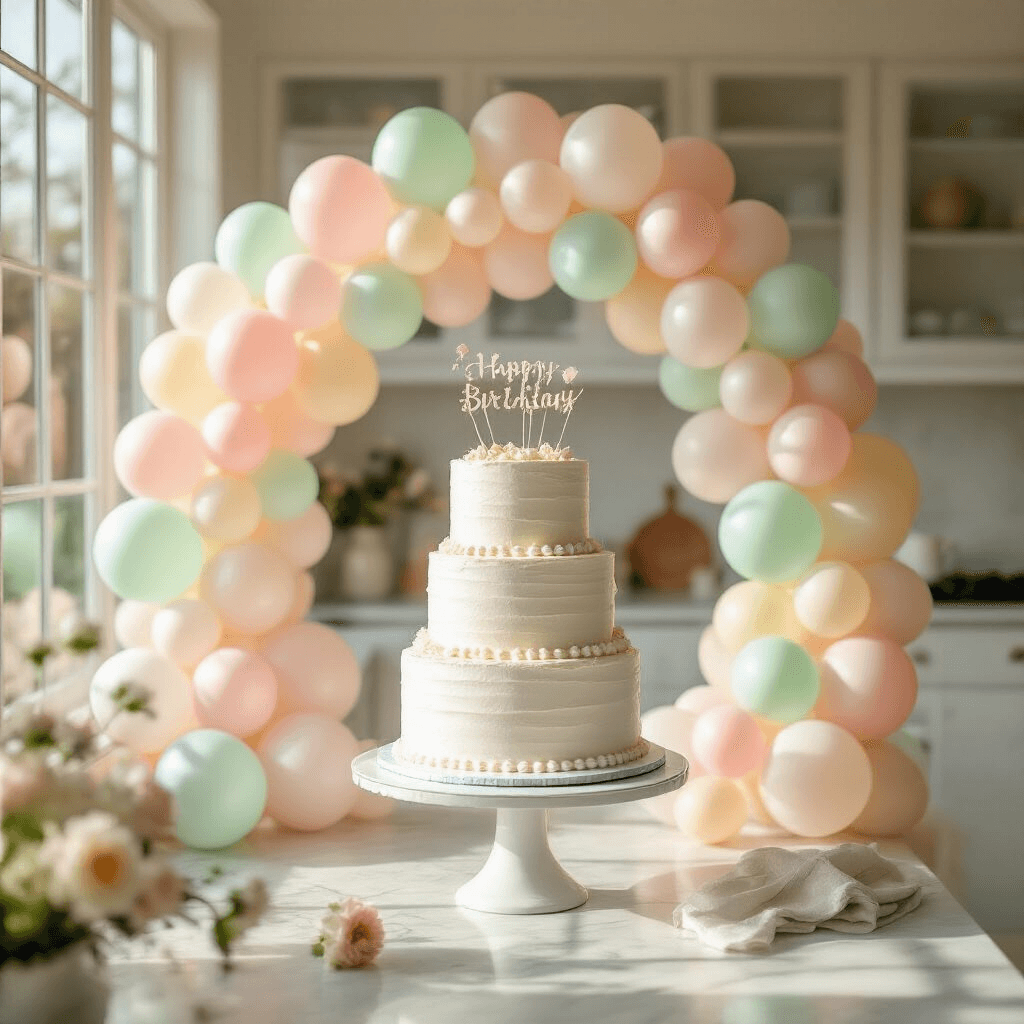 How to Create a Show-Stopping Cake with Balloons That'll Make Everyone Gasp A whimsical birthday cake display in a sunlit modern kitchen featuring a three-tier white frosted cake surrounded by an elegant arch of soft pastel balloons in blush pink, mint green, and pale yellow, with delicate translucent candy balloons as cake toppers. Golden hour sunlight casts soft shadows over marble countertops adorned with crisp linens and fresh flowers, creating a playful yet elegant atmosphere.