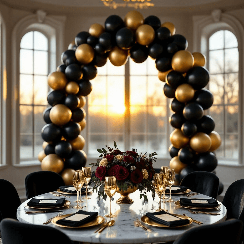 Black Balloons for Birthday Parties: Your Complete Styling Guide A sophisticated 40th birthday party scene featuring a black and gold balloon arch in an elegant dining room, with golden sunset light casting warm shadows. A marble table is adorned with gold-rimmed champagne glasses, black velvet chair covers, and low floral centerpieces of dark burgundy roses and eucalyptus, creating a festive yet classy atmosphere.
