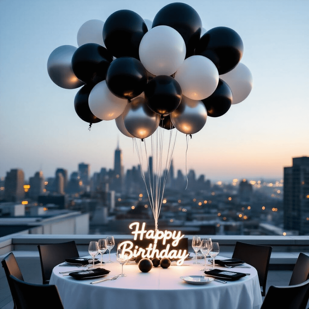 Black Balloons for Birthday Parties: Your Complete Styling Guide Cinematic overhead view of a modern rooftop birthday celebration with a monochromatic balloon installation, city skyline at twilight, and sleek minimalist styling.