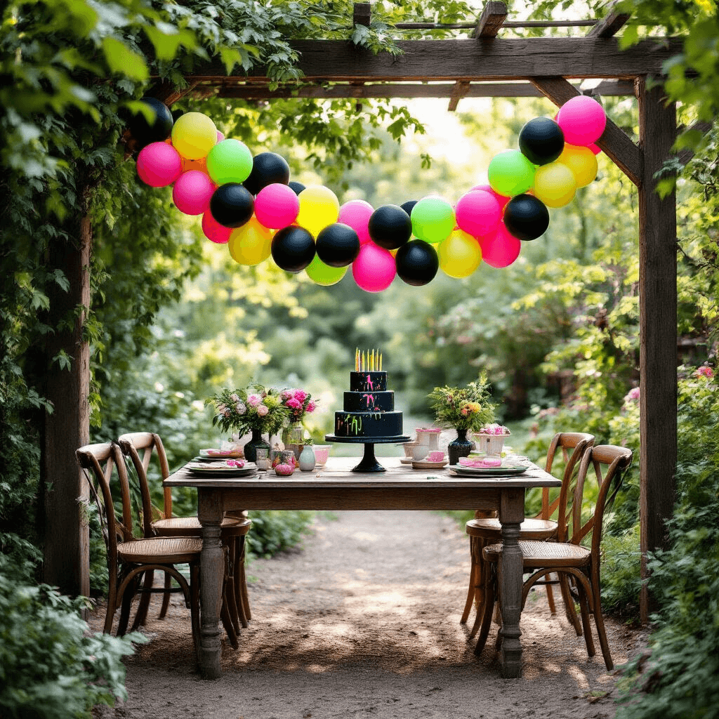 Black Balloons for Birthday Parties: Your Complete Styling Guide An intimate garden birthday scene featuring a playful black and neon balloon garland draped over a rustic wooden pergola, with soft morning light filtering through lush greenery. A vintage farm table with mismatched chairs is adorned with a handcrafted dessert station featuring a black cake with neon splatter, surrounded by trailing greenery and personal photo displays.