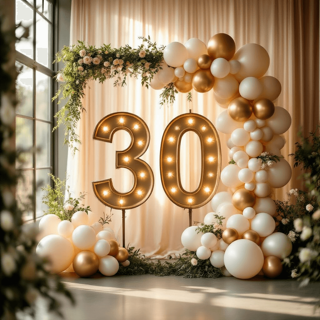 Marquee Numbers with Balloons: Everything You Need to Create Show-Stopping Event Decor A luxurious event space featuring a gold 30-inch marquee number illuminated against a soft blush and champagne backdrop, adorned with an elegant balloon garland in ivory, pearl white, and metallic gold tones, bathed in warm golden hour light from floor-to-ceiling windows.