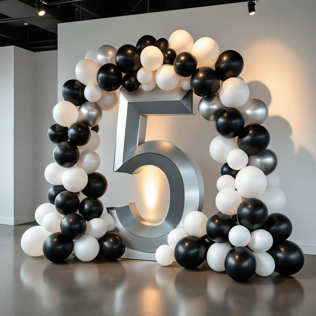 Marquee Numbers with Balloons: Everything You Need to Create Show-Stopping Event Decor A sleek silver 5-foot marquee number surrounded by a curated balloon garland in matte black, pearl white, and chrome silver, against a minimalist white wall, with strategic lighting highlighting the textured arrangement for a corporate anniversary celebration.