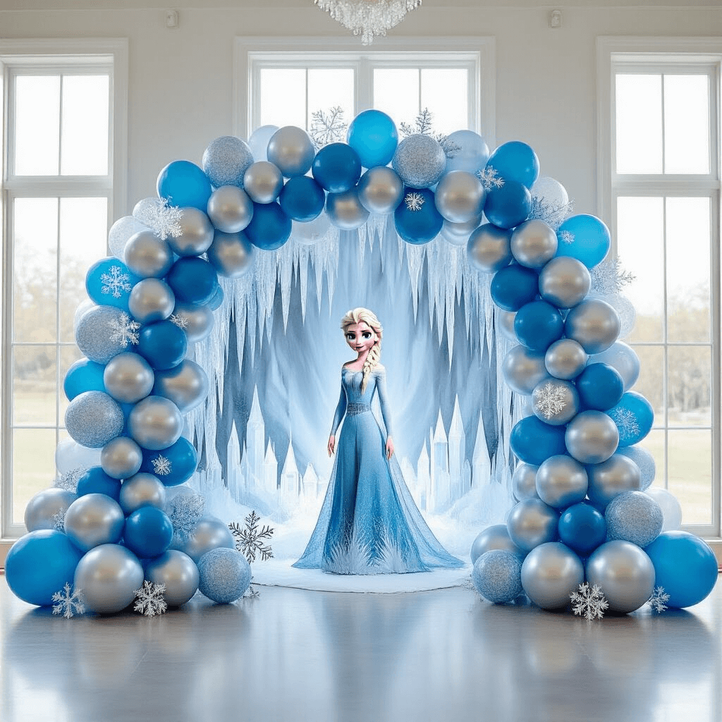 Transform Your Space with Frozen Balloon Magic: A Complete Party Styling Guide A beautifully decorated Frozen-themed party in a bright ballroom featuring a giant Elsa foil balloon against an ice-inspired backdrop, with a towering glacier blue and silver balloon garland, soft natural light, and delicate snowflake accents.