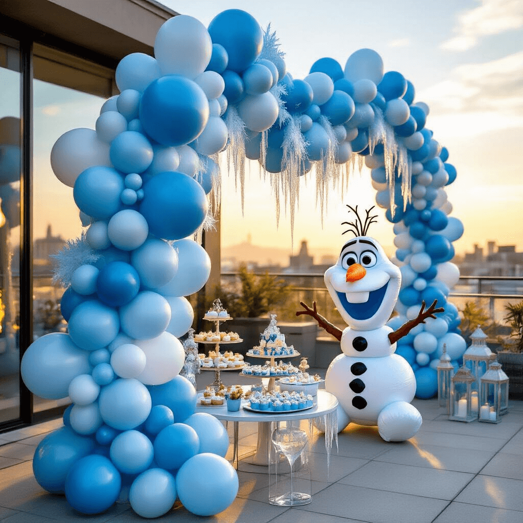 Transform Your Space with Frozen Balloon Magic: A Complete Party Styling Guide A rooftop terrace party with a Frozen balloon installation featuring a flowing garland of blue and white balloons, anchored securely. A large Olaf foil balloon is near a dessert table adorned with Frozen-themed treats, all illuminated by golden hour sunlight for a magical atmosphere.