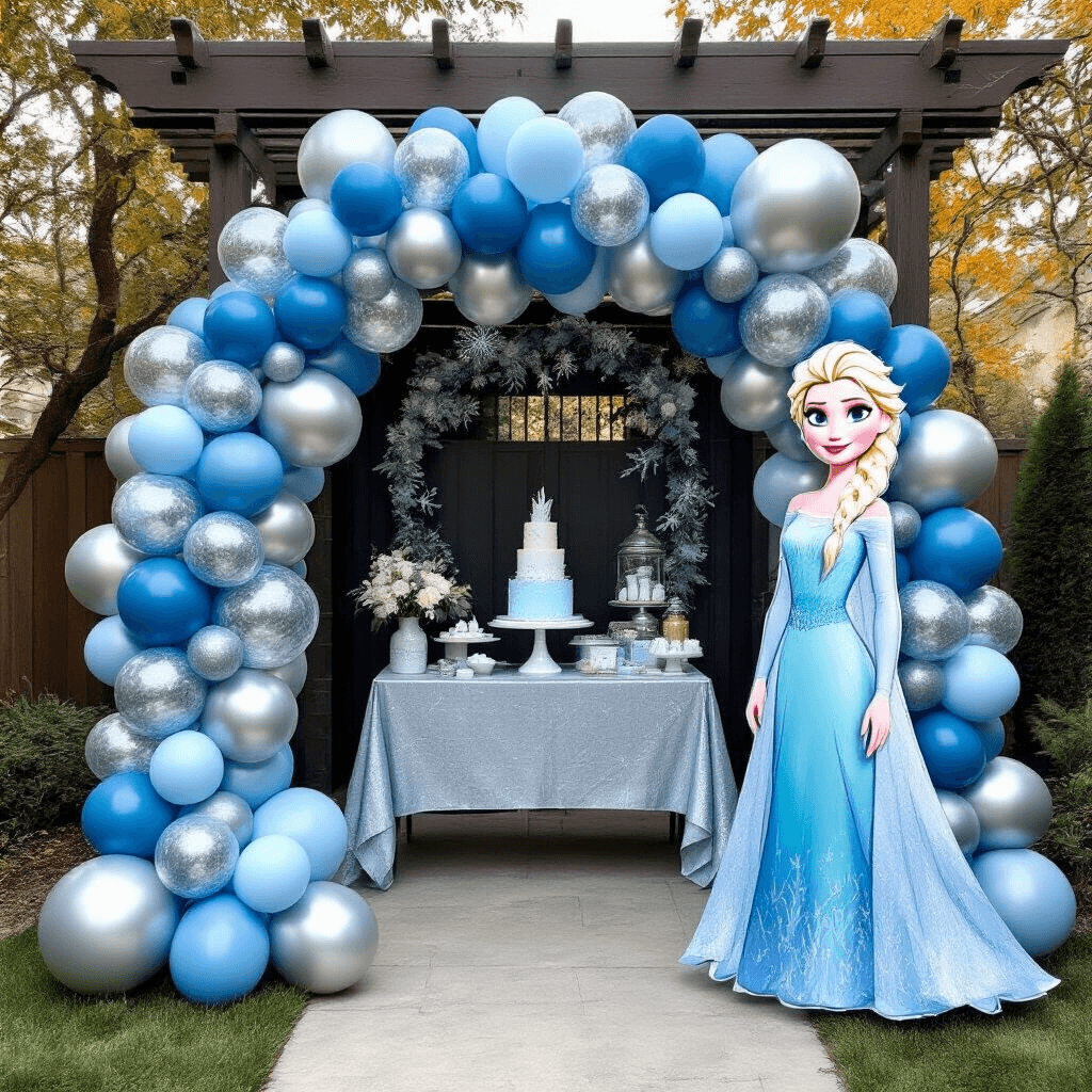 Transform Your Space with Frozen Balloon Magic: A Complete Party Styling Guide A modern backyard party space featuring a Frozen balloon arch of glacier blue, silver, and clear confetti balloons, with a statement Elsa balloon near a dessert table adorned with winter-themed decor.