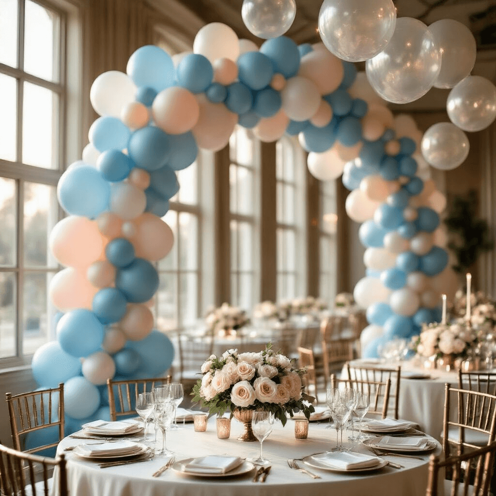 How Blue Balloons Transformed My Event Styling Game (And They'll Change Yours Too) A sophisticated wedding reception ballroom adorned with a dusty blue and blush pink balloon arch, illuminated by golden hour light streaming through tall windows. Elegant table settings with silk linens, chrome and metallic blue balloons, and white ceramic vases filled with cream roses and eucalyptus create a romantic atmosphere. A mixed-size balloon installation and marble tables with rose gold accents enhance the dreamy setting.
