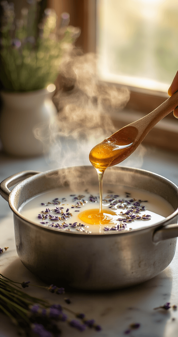 Lavender Honey Cupcakes: A Delicate Floral Delight Cinematic close-up of steaming milk with lavender flowers and honey in a rustic saucepan, ethereal steam rising in soft morning light on a marble countertop.