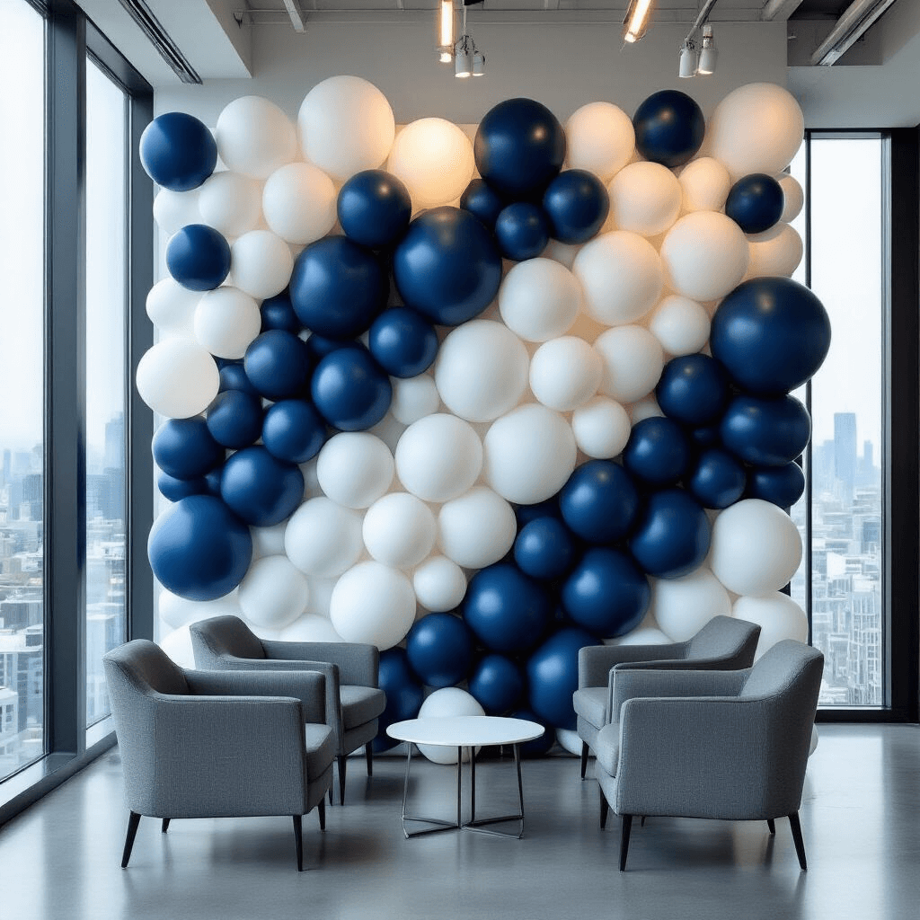 How Blue Balloons Transformed My Event Styling Game (And They'll Change Yours Too) A modern corporate event space with a navy blue and white balloon wall backdrop, featuring geometric arrangements, sleek gray furniture, minimalist lighting, and city skyline views.