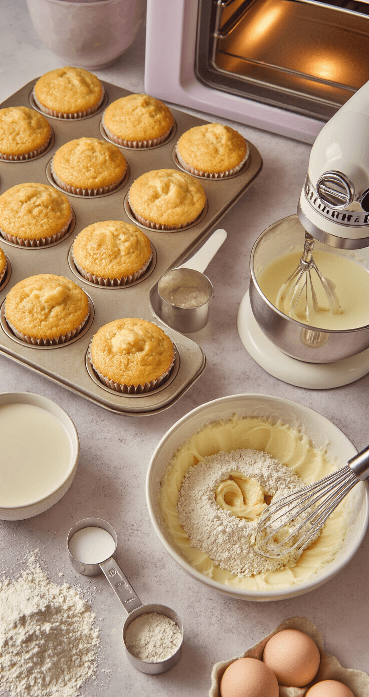 Lavender Honey Cupcakes: A Delicate Floral Delight Overhead view of an elegant kitchen workspace featuring golden-brown cupcakes in a vintage muffin tin, a stand mixer with fluffy butter-sugar mix, bowls of sifted flour, and measuring cups with lavender-infused milk, all bathed in warm oven light and natural daylight, creating a cozy ambiance in a purple and cream color palette.