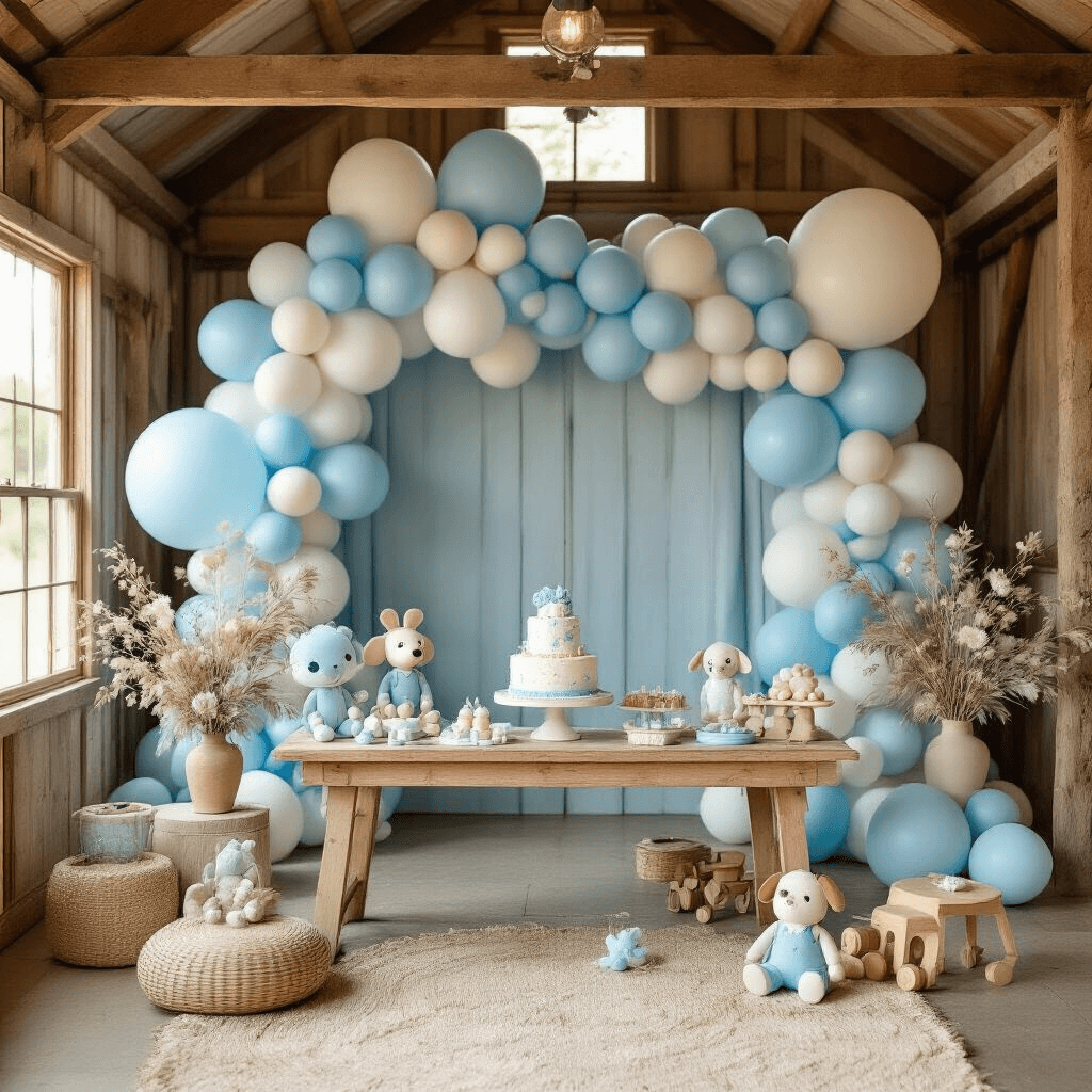 A whimsical Bluey-themed children's party in a rustic barn with soft natural light, featuring pastel balloon clusters, custom Bluey character balloons, a wooden cake table adorned with eucalyptus, and playful decor in blue and tan hues.