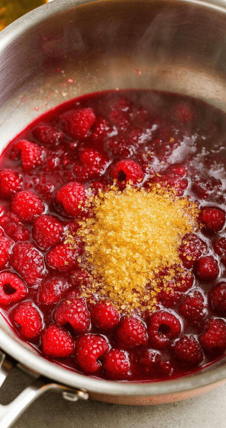 Raspberry Swirl Cheesecake That'll Make Your Guests Think You're a Professional Close-up overhead image of a copper saucepan with bright red raspberries simmering, steam rising, and golden sugar crystals, illuminated by warm kitchen lighting.