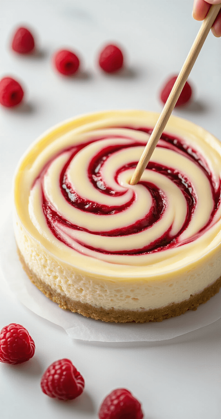 Raspberry Swirl Cheesecake That'll Make Your Guests Think You're a Professional A wooden skewer skillfully creates raspberry swirls in creamy white cheesecake batter, capturing the elegant figure-eight movement and marble-like pattern against a bright white background.