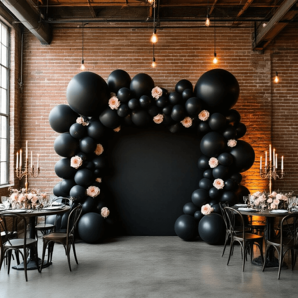 Black Balloons Aesthetic: How I Transform Events with Moody Elegance An industrial chic wedding reception featuring a dramatic black balloon installation against exposed brick walls, with large matte black balloons, blush pink roses, vintage gold candelabras, and low industrial lighting, all set on concrete floors with metal chairs.