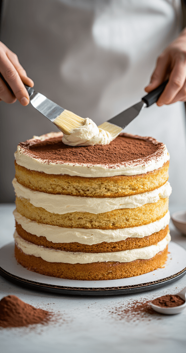 Tiramisu Layer Cake: The Show-Stopping Italian Dessert That'll Make You Look Like a Pro A professional baker assembles a tiramisu layer cake on a turntable, featuring golden sponge layers brushed with espresso and mascarpone cream being spread with a spatula, surrounded by cocoa powder and soft shadows.
