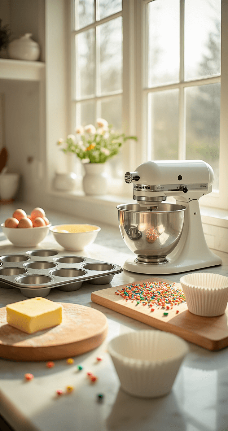 Vanilla Confetti Cupcakes: The Ultimate Birthday Party Recipe A bright, sunlit kitchen featuring marble countertops, softened butter and eggs, colorful rainbow sprinkles, and neatly organized baking tools like a stand mixer and muffin tin, all bathed in warm morning light.