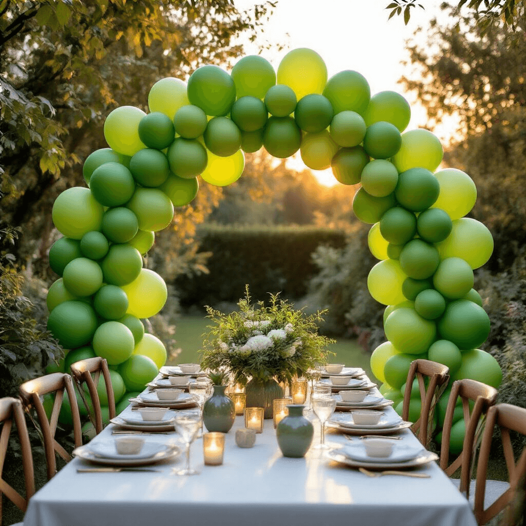 Green Balloon Decorations: Your Complete Guide to Stunning Party Setups An asymmetrical green balloon arch in various shades from lime to forest drapes over a white outdoor dining area adorned with tea lights and ceramic vases filled with greenery, under warm golden hour lighting that enhances the sophisticated botanical atmosphere.