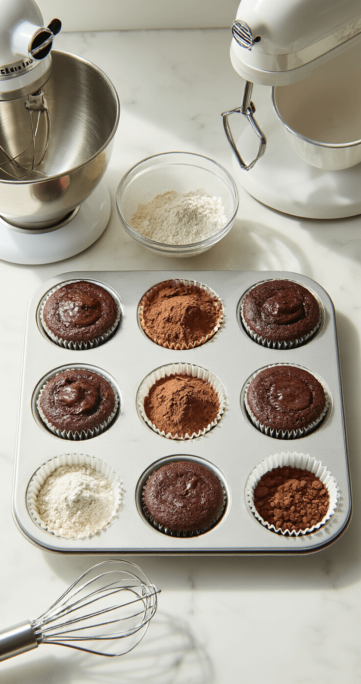 Chocolate Peanut Butter Cupcakes: The Ultimate Indulgent Recipe A cinematic overhead view of a pristine kitchen counter featuring precisely measured baking ingredients, including cocoa powder and flour, with soft morning light illuminating stainless steel mixing bowls and a ready-to-use electric mixer, alongside crisp white cupcake liners in a muffin tin.