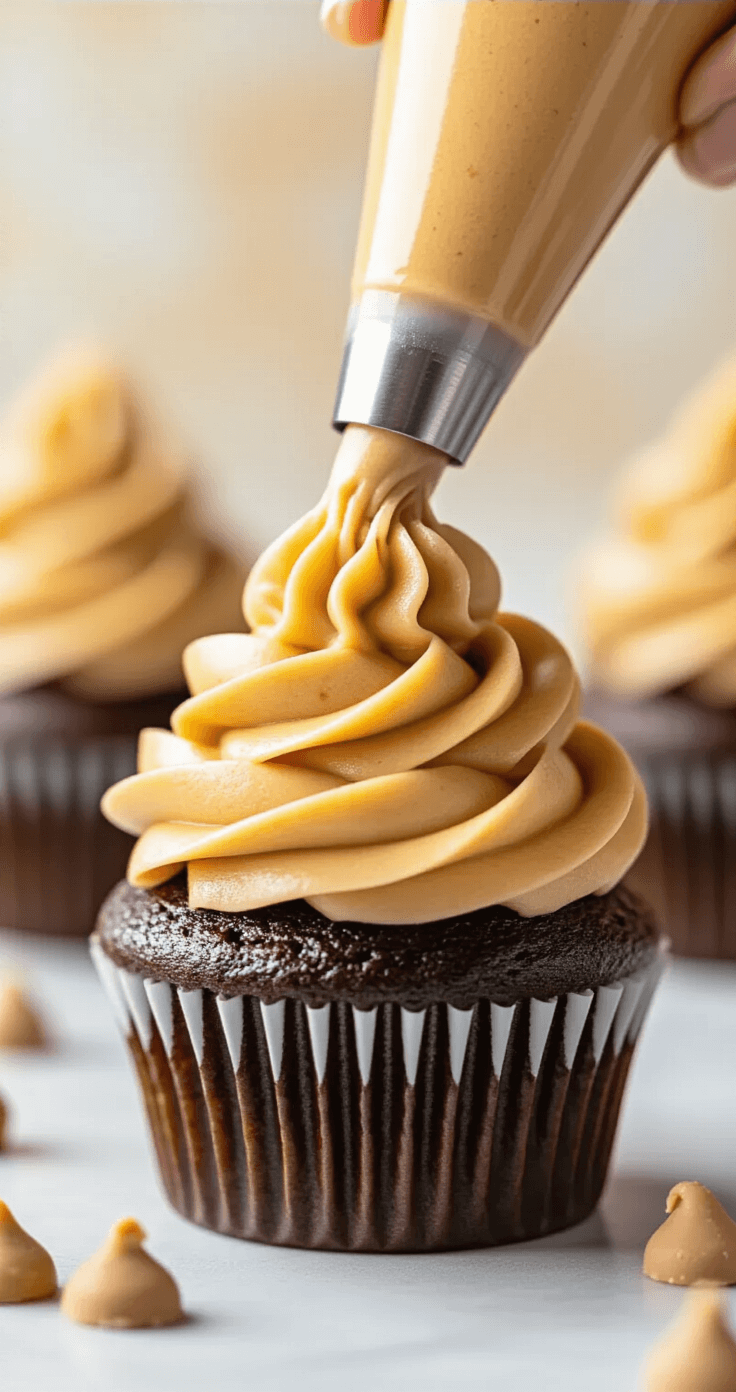 Chocolate Peanut Butter Cupcakes: The Ultimate Indulgent Recipe Close-up of creamy peanut butter frosting swirled onto chocolate cupcakes, piped with a metallic tip, surrounded by mini peanut butter cups in a warm, amber-lit kitchen.
