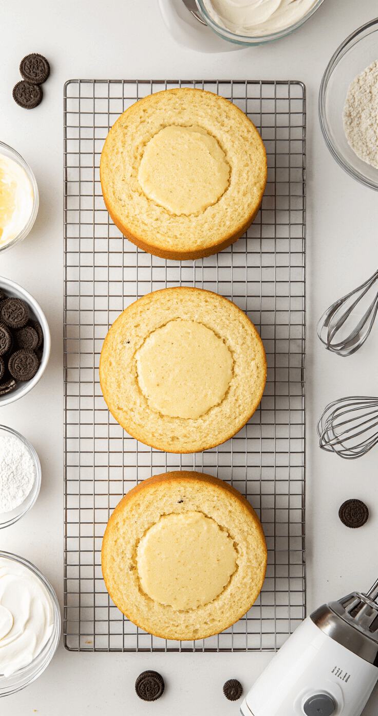 Cookies and Cream Layer Cake Aerial view of a professional kitchen counter featuring three golden-brown cake layers cooling on wire racks, surrounded by mixing bowls, an electric mixer, and scattered Oreo cookie pieces, all bathed in soft natural light.