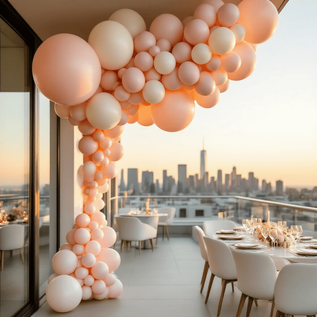 How to Stitch Balloons Together Like a Pro: My Complete Guide to Balloon Installations A luxurious rooftop event featuring an elegant balloon installation in soft blush pink, ivory, and champagne tones, cascading across a sleek white railing with city skyline views. Delicate 5-inch accent balloons enhance the textured design, while minimalist white chairs, crystal champagne glasses, and subtle metallic accents complete the sophisticated decor. Soft evening sunlight filters through the installation, creating gentle shadows.
