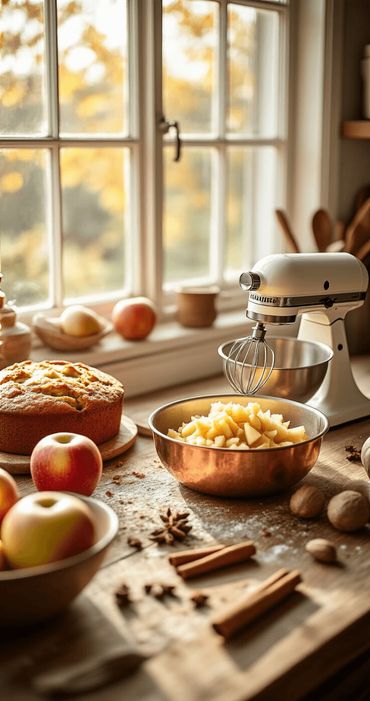 A cozy kitchen scene with meticulously arranged ingredients for spiced apple cake, featuring fresh grated apples in a copper bowl, a vintage hand mixer, scattered cinnamon sticks, and whole nutmeg, illuminated by soft autumn morning light.