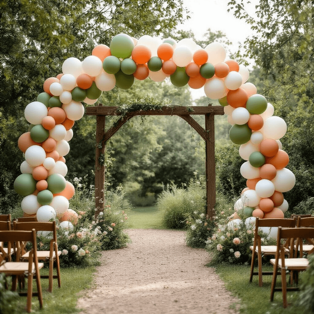 How to Stitch Balloons Together Like a Pro: My Complete Guide to Balloon Installations A whimsical outdoor garden wedding featuring a dramatic balloon arch in sage green, white, and soft terracotta, framing a rustic wooden ceremony arch, surrounded by lush greenery and illuminated by soft morning light. Scattered wildflowers and vintage wooden chairs enhance the romantic atmosphere.