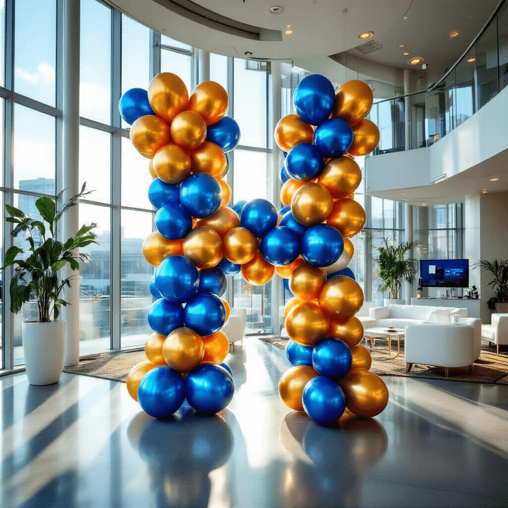 How to Stitch Balloons Together Like a Pro: My Complete Guide to Balloon Installations A vibrant corporate launch event showcasing a precision-engineered balloon installation in brand colors, forming a geometric logo shape with metallic foil and 260Q balloons, set in a modern conference center with floor-to-ceiling windows, accented by minimalist furniture and sleek technology displays.