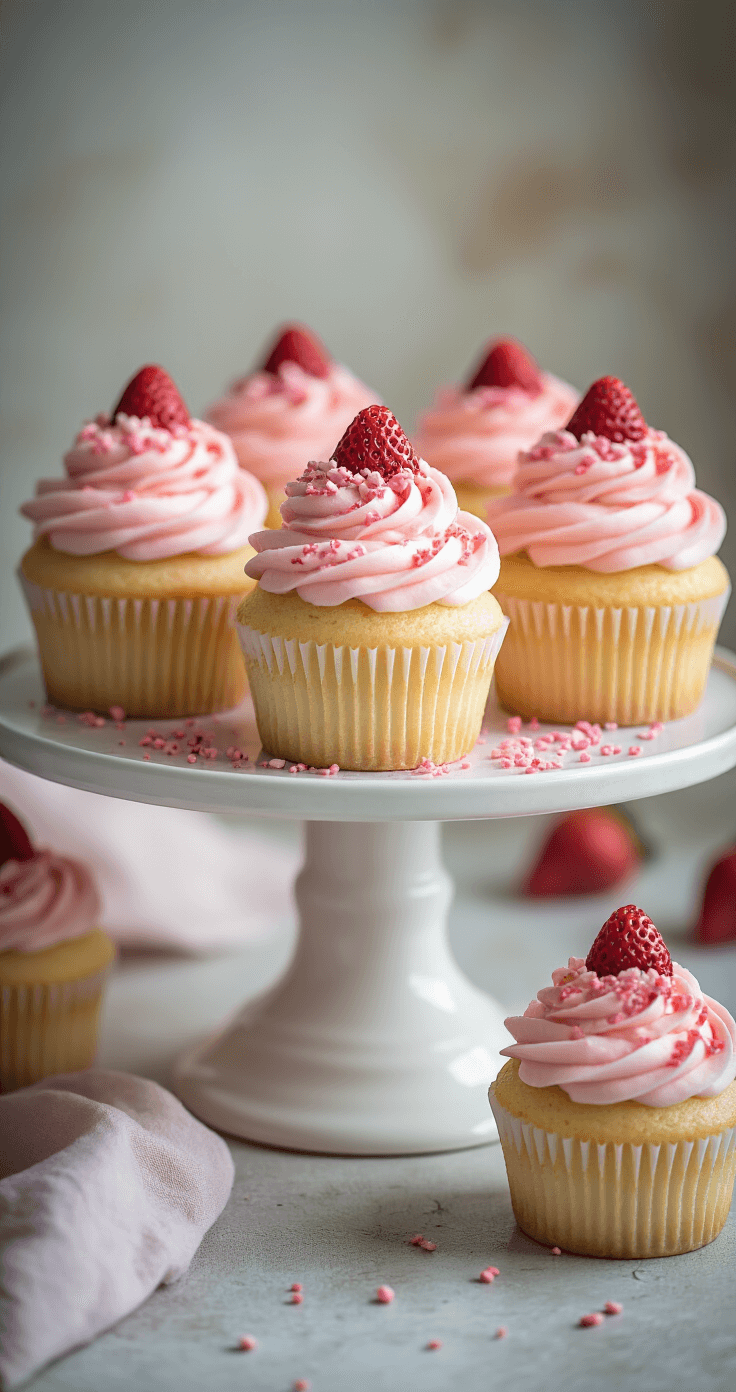 Strawberry Milkshake Cupcakes Beautifully frosted pink cupcakes with strawberry-infused buttercream on a vintage white ceramic cake stand, garnished with crushed freeze-dried strawberries and pink sprinkles, set in a soft, diffused natural light background of a rustic kitchen.