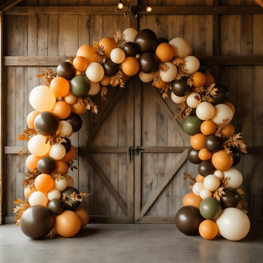 Brown Balloons Are Everywhere Now—Here's Where I Actually Found The Best Ones Overhead view of a fall wedding reception showcasing an organic asymmetric arch made of chocolate brown, burnt orange, cream, and olive green balloons against a rustic barn wall, with warm golden hour lighting creating soft shadows on the textured arrangement.