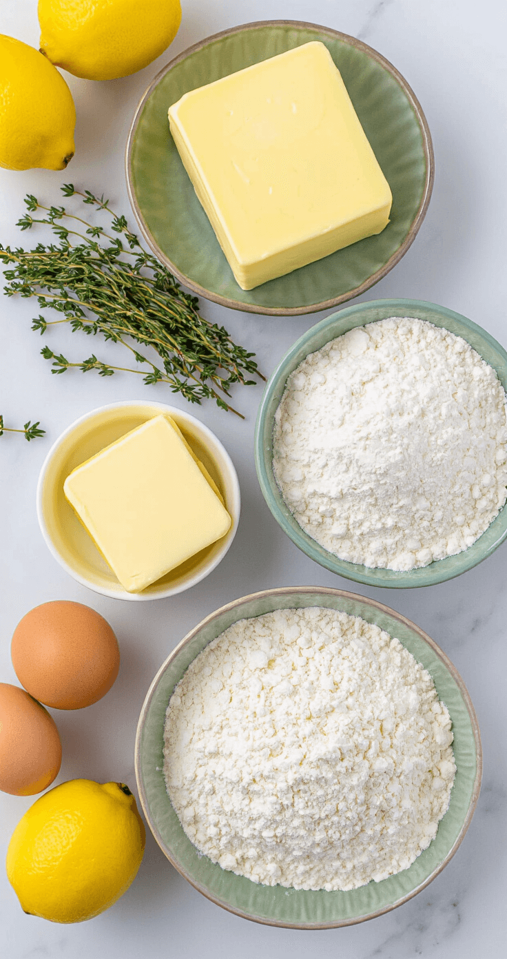 Lemon Thyme Cupcakes: Fresh Herbs Meet Zesty Citrus Overhead view of a marble countertop displaying neatly arranged cupcake ingredients including softened butter, fresh thyme, lemons, eggs, and flour in elegant ceramic bowls, illuminated by natural light that highlights the herb textures and pastel hues.