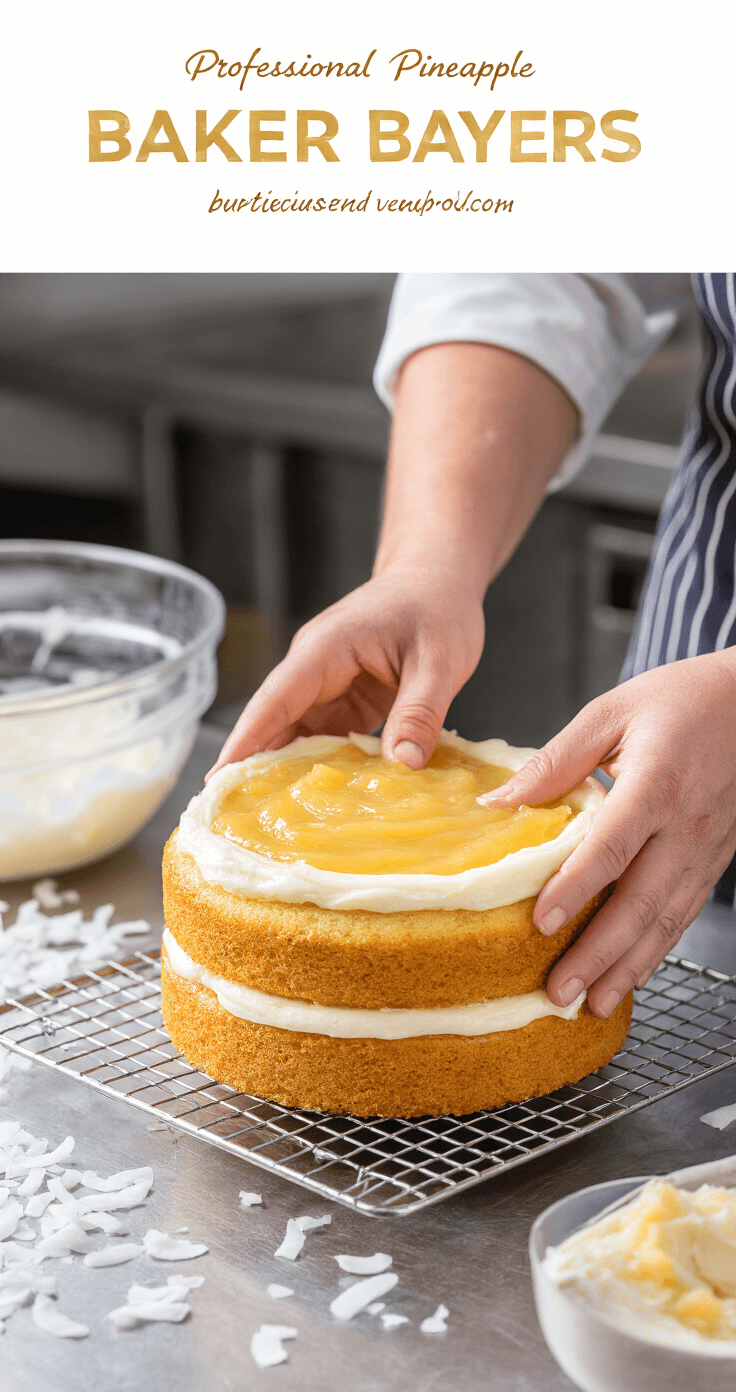 Pineapple Coconut Cake: The Tropical Dessert That'll Make Your Taste Buds Dance Close-up of hands spreading pineapple filling between golden cake layers with cream cheese frosting in a professional kitchen, showcasing meticulous cake assembly and culinary artistry.