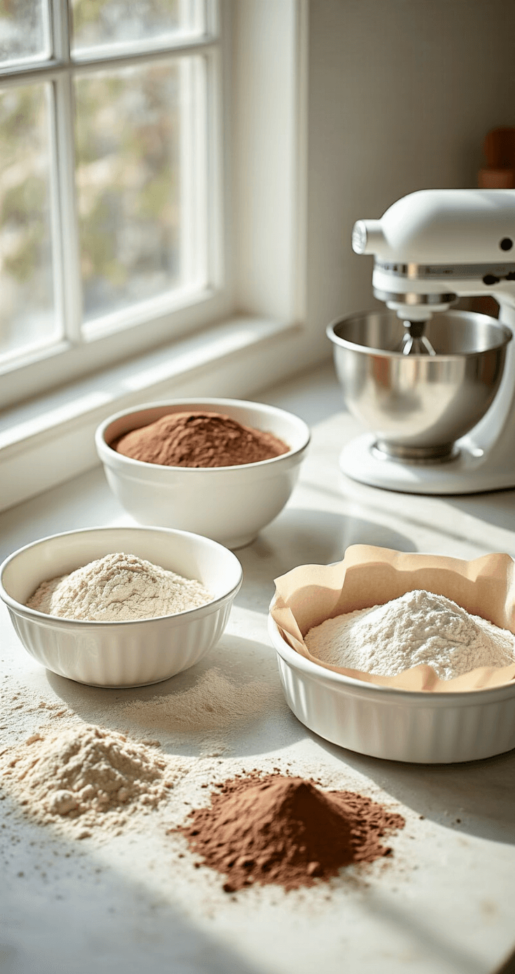 Chocolate Hazelnut Cake: The Only Recipe You'll Ever Need A pristine kitchen countertop set for baking, featuring scattered ingredients like cocoa powder and flour in white bowls, greased cake pans with parchment, and an electric mixer in soft natural light.