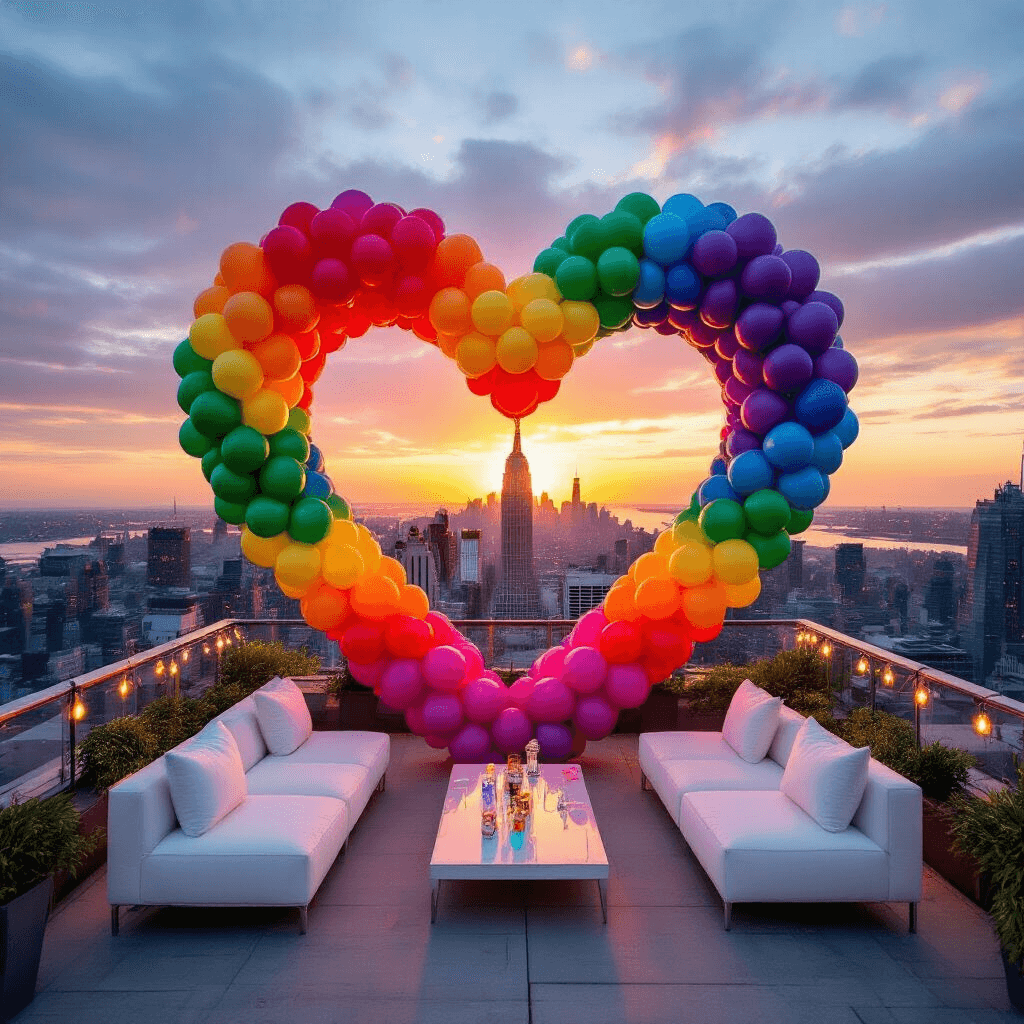Heart Balloon Aesthetic: Your Complete Guide to Romantic Event Styling A vibrant Pride rooftop party with a rainbow heart balloon arch framing a city skyline at sunset, featuring jewel-toned heart balloons, modern white furniture, metallic accents, and string lights creating a dynamic, inclusive atmosphere.