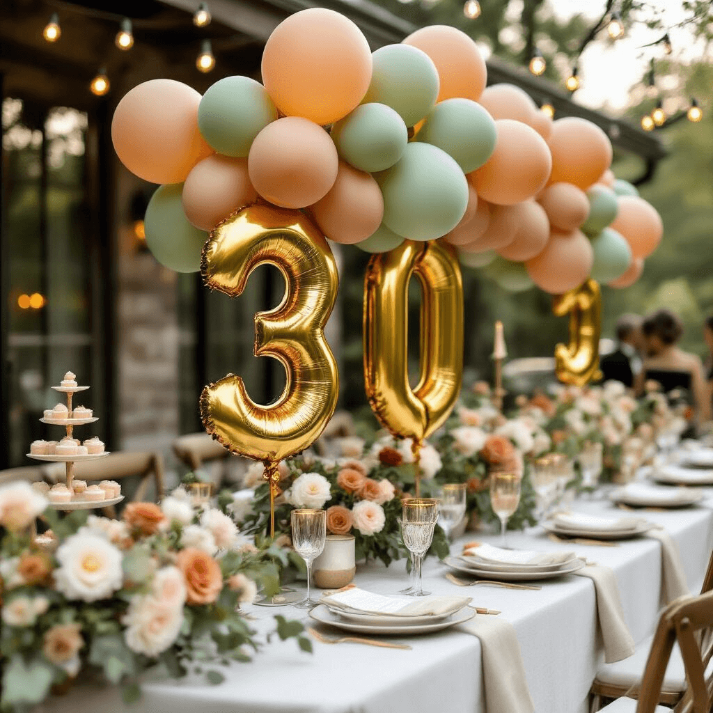 Transform Your Party: The Ultimate Guide to 30th Birthday Balloons A sophisticated outdoor garden party featuring 34-inch gold number 30 balloons surrounded by sage green and terracotta latex balloons, set on a rustic wooden deck with white linen tables, floral centerpieces, and café lights, with a blurred champagne tower and elegantly dressed guests in the background.