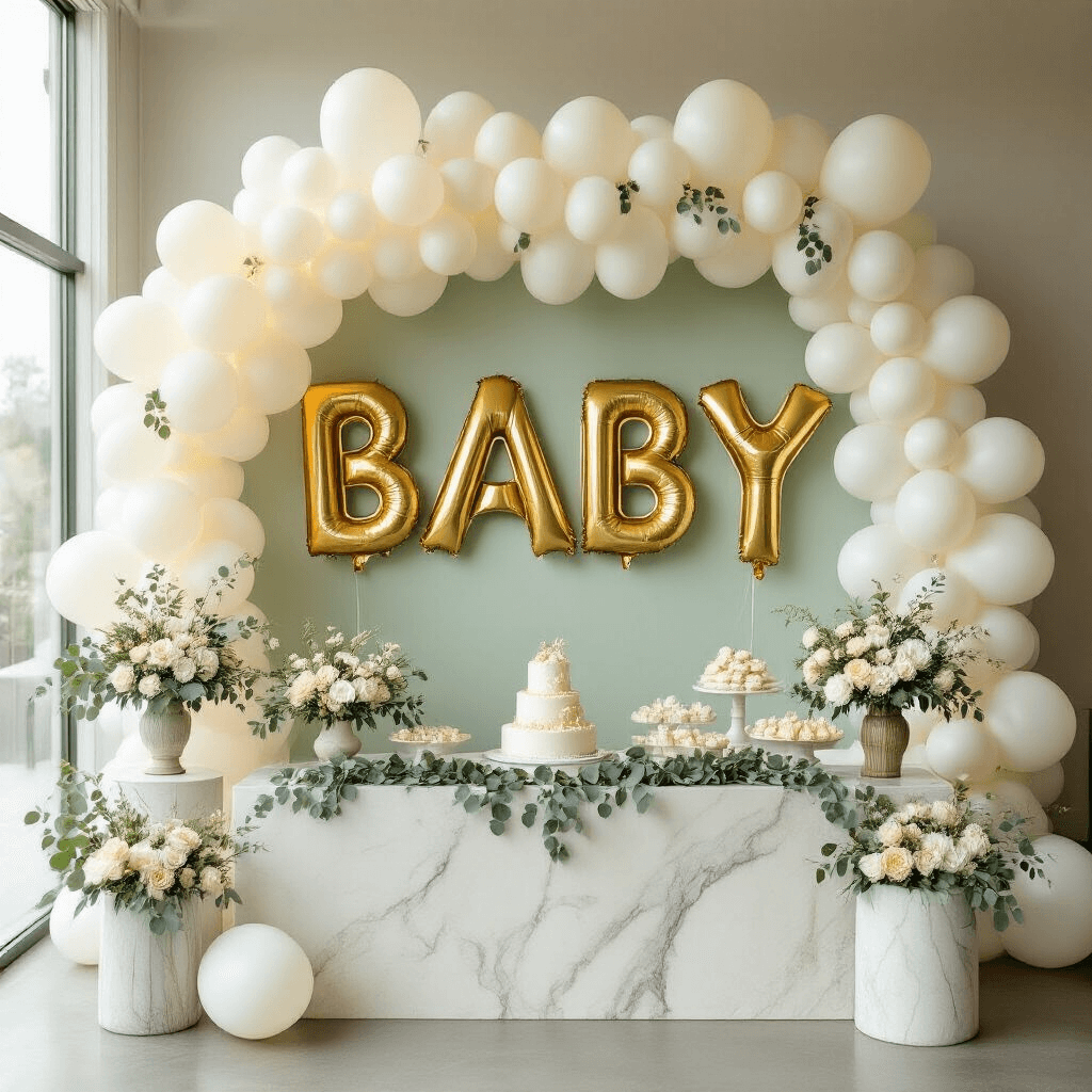 Baby Balloons: Everything You Need to Know for Your Celebration (Plus Critical Safety Tips) Elegant baby shower scene in soft pastel shades of sage green, cream, and white. Overhead view of a minimalist event space, showcasing a gift table adorned with a dramatic balloon installation featuring gold 'BABY' letters and eucalyptus garlands, surrounded by delicately arranged white latex balloons. Soft natural light filters through large windows, highlighting marble side tables with curated floral arrangements, creating a sophisticated and playful atmosphere.