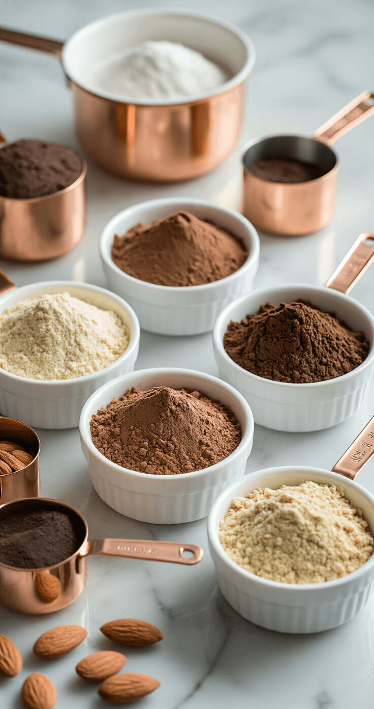 Mocha Almond Torte: The Coffee Lover's Dream Cake Ultra-detailed close-up of a kitchen countertop showcasing pristine white ceramic bowls filled with cocoa powder, espresso powder, and almond meal, accompanied by gleaming copper measuring cups, illuminated by soft natural light on a polished marble surface.