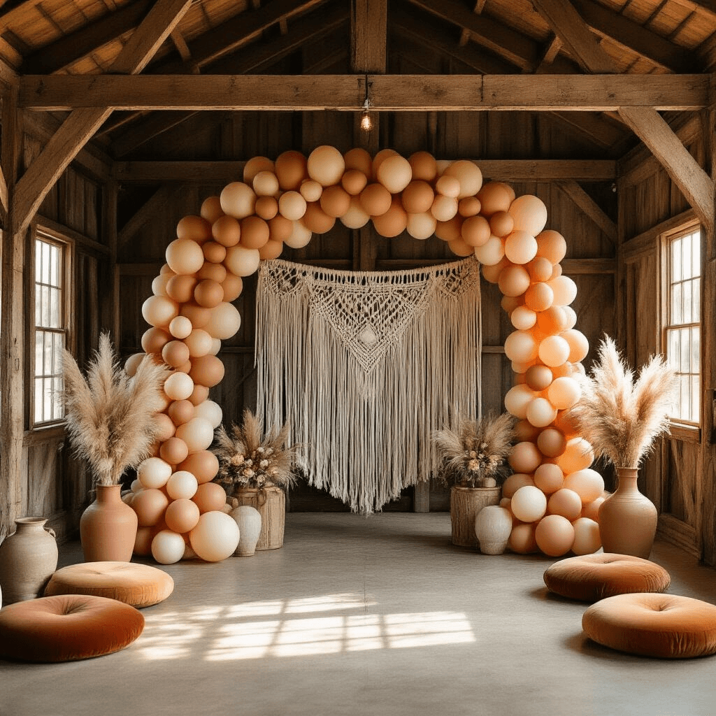 Baby Balloons: Everything You Need to Know for Your Celebration (Plus Critical Safety Tips) A beautifully styled gender reveal party in a rustic barn, featuring a stunning balloon garland, macramé backdrop, earth-toned balloons, vintage vases with pampas grass, and cozy seating arrangements, all illuminated by warm golden hour sunlight.