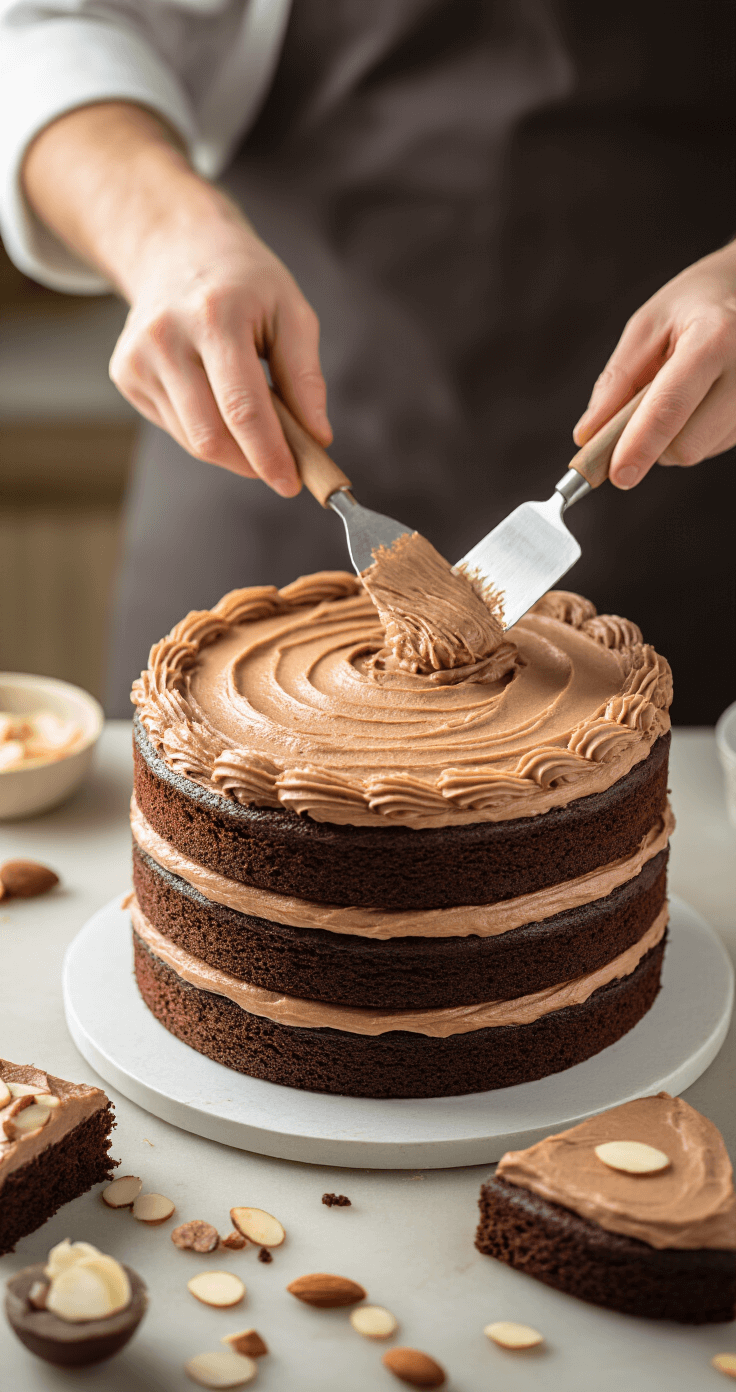 Mocha Almond Torte: The Coffee Lover's Dream Cake A professional baker's hands skillfully layer a mocha almond torte, spreading espresso buttercream between dark chocolate cake layers with an offset spatula, illuminated by warm kitchen lighting that accentuates the frosting's texture and almond slices.