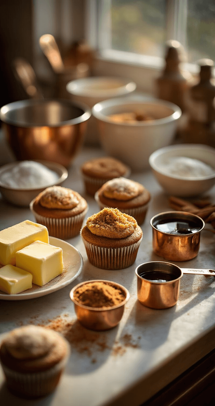 Gingerbread Cupcakes That Actually Taste Like Christmas Close-up of a kitchen counter with ingredients for gingerbread cupcakes: softened butter, brown sugar, molasses, and spices like ginger and cinnamon, illuminated by golden afternoon light, evoking a warm holiday baking atmosphere.