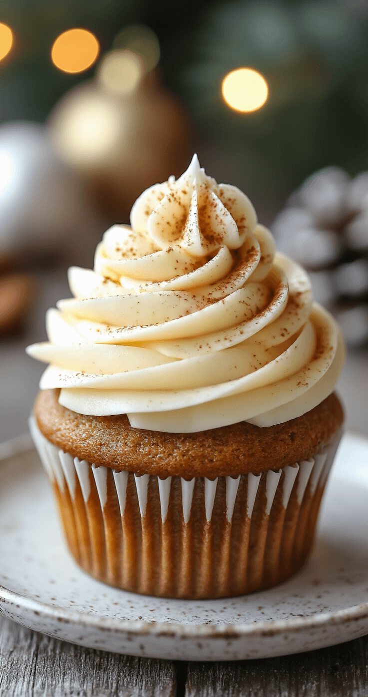 Gingerbread Cupcakes That Actually Taste Like Christmas A beautifully frosted gingerbread cupcake with cream cheese frosting and a sprinkle of cinnamon on a rustic white plate, set on a distressed wooden surface with soft holiday decorations in the background, evoking a cozy Christmas atmosphere.
