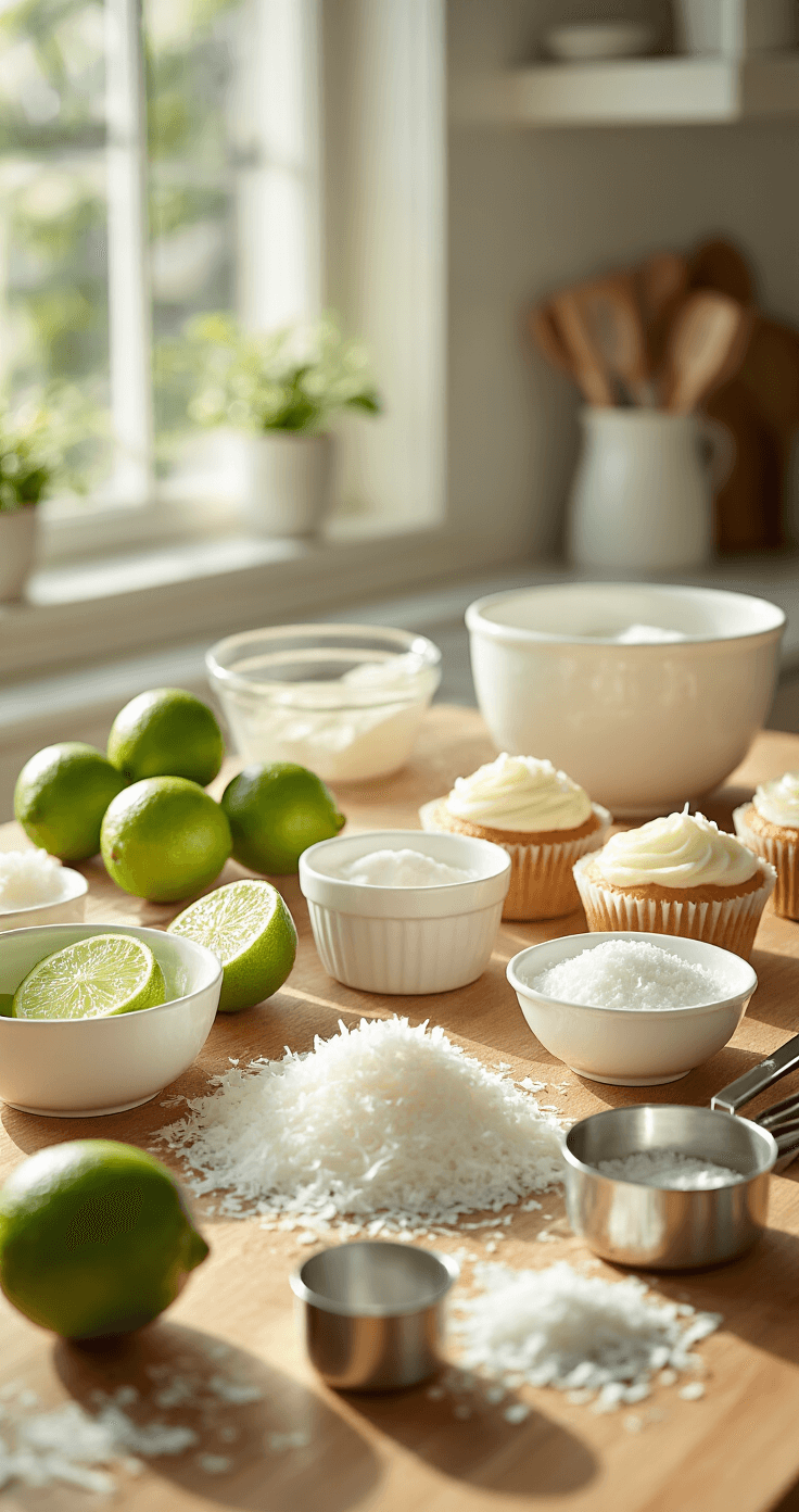 Coconut Lime Cupcakes: The Tropical Treat That'll Transport You to Paradise A sunlit kitchen counter featuring fresh limes, coconut flakes, and neatly arranged baking ingredients in crisp white ceramic bowls, enhanced by soft natural light and professional food styling.