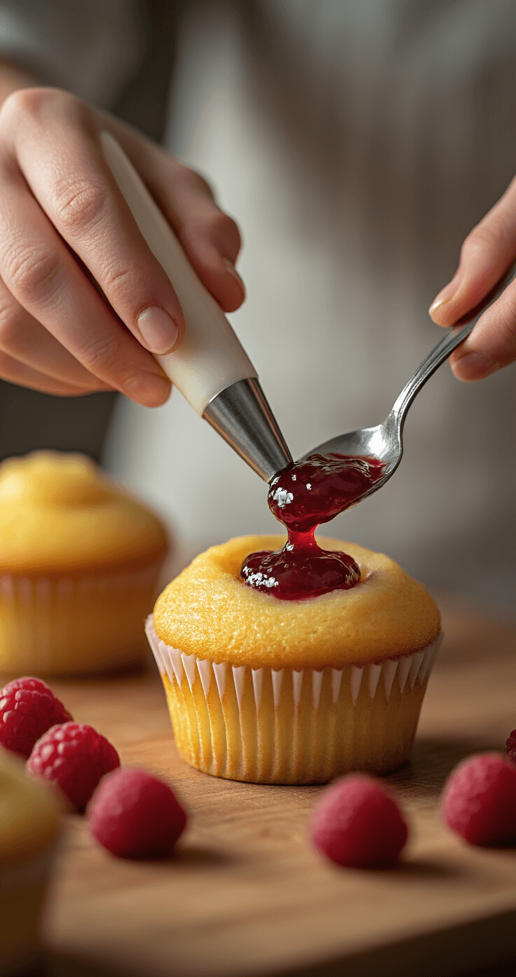 Raspberry Almond Cupcakes: Light, Elegant, and Ridiculously Easy Close-up of a baker's hands using a piping tool to create a cone-shaped cavity in a golden-brown cupcake, while rich raspberry jam is being spooned in, with droplets glistening in warm light. A soft kitchen background features a blurred wooden cutting board and fresh raspberries.