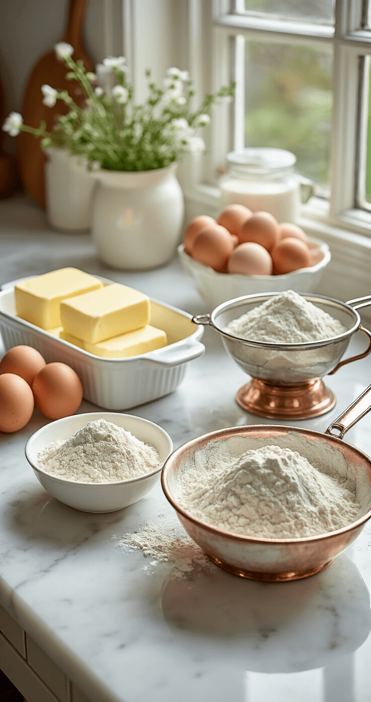 A well-organized kitchen countertop displaying softened butter, eggs, and sifted flour with natural light illuminating the marble surfaces, evoking a sense of culinary anticipation.
