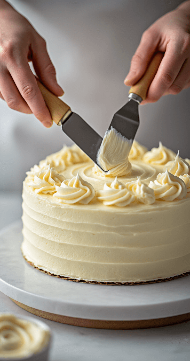 Close-up of a baker's hands using an offset spatula to create smooth buttercream swirls on a vanilla cake layer, with glistening white frosting under soft lighting.