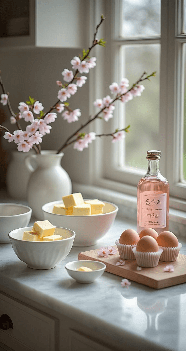 A serene kitchen workspace with a marble countertop displaying neatly arranged baking ingredients including white ceramic bowls, softened butter, fresh eggs, and a pink sakura extract bottle, illuminated by soft morning light.